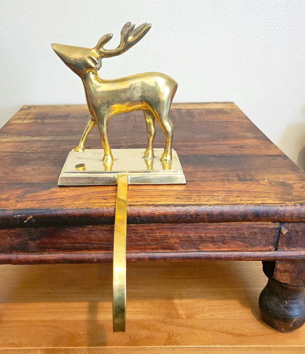 Vintage Brass Reindeer Stocking Hanger Long Arm Heavy Mantel Hook Stag 5.75